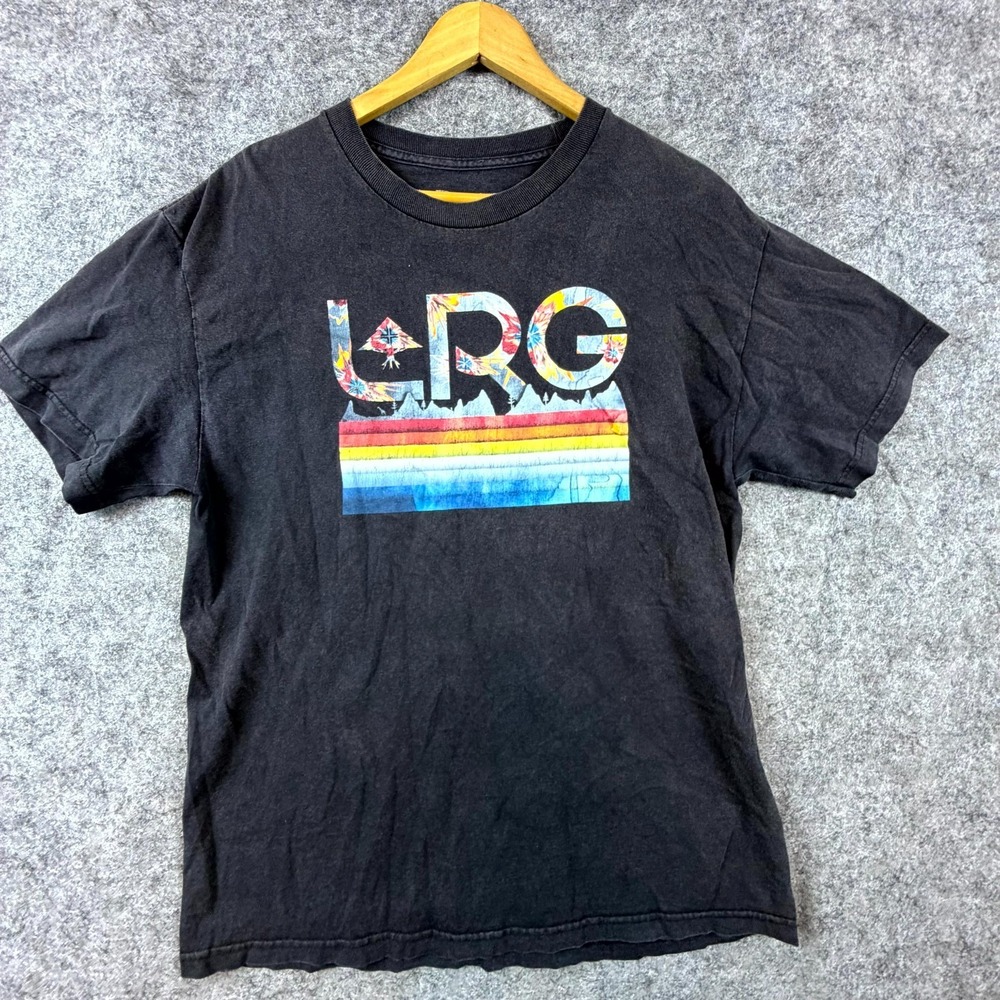 LRG Lifted Research Group T-Shirt Mens L Black Rainbow Watercolor Tie‎ Dye Logo